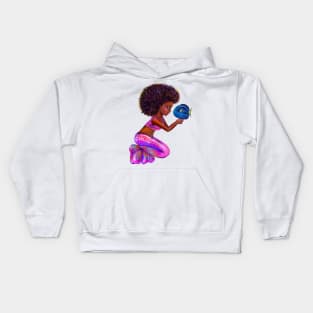 Black anime mermaid with blue tang fish, beautiful  black girl with Afro hair, green eyes, Cherry pink lips and dark brown skin. Hair love ! Kids Hoodie